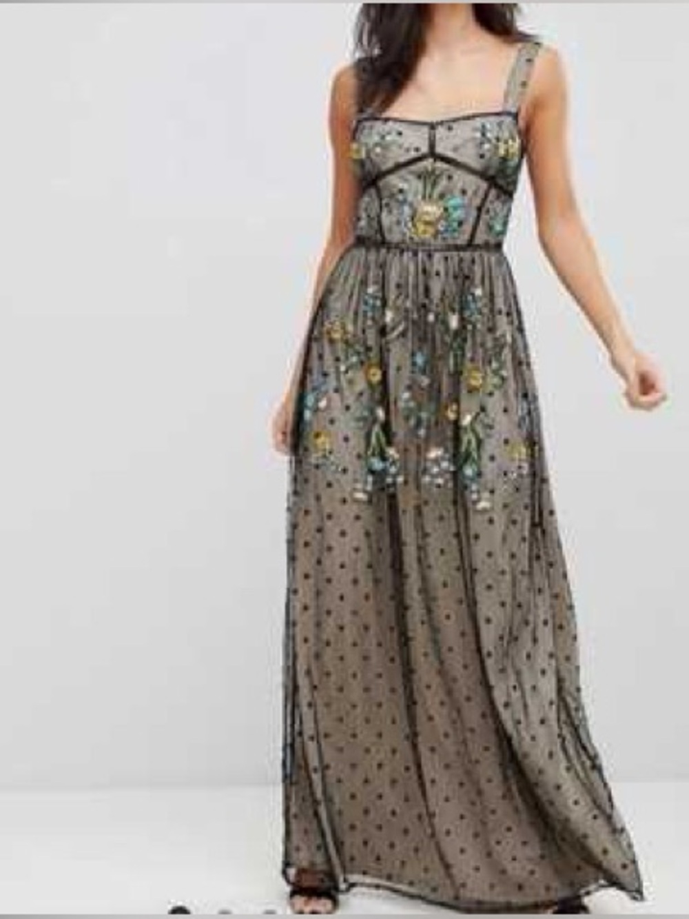 Frock and Frill Floral Embroidered Polka Dot Mesh Maxi Dress Size 8